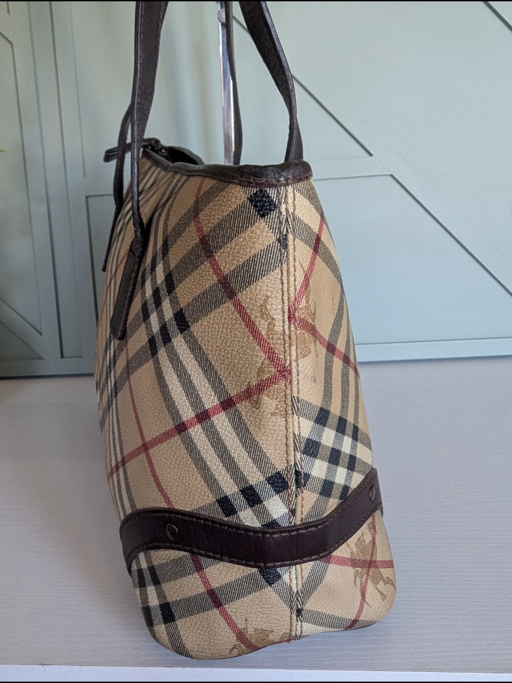 Burberry Beige Plaid Tote with Dark Brown Leather Trim - Picture 3 of 15